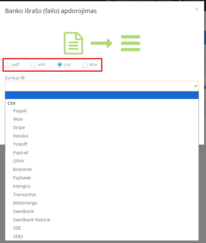 Banko išrašų importo pradžios langas Site.pro programoje